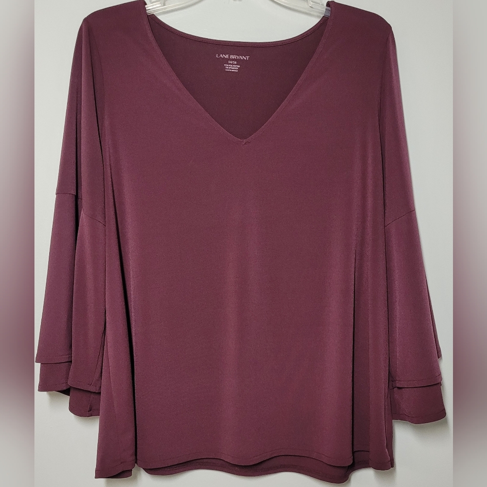Lane BRYANT V-Neck Pull on Blouse with Bell Sleeves Eggplant 14/16